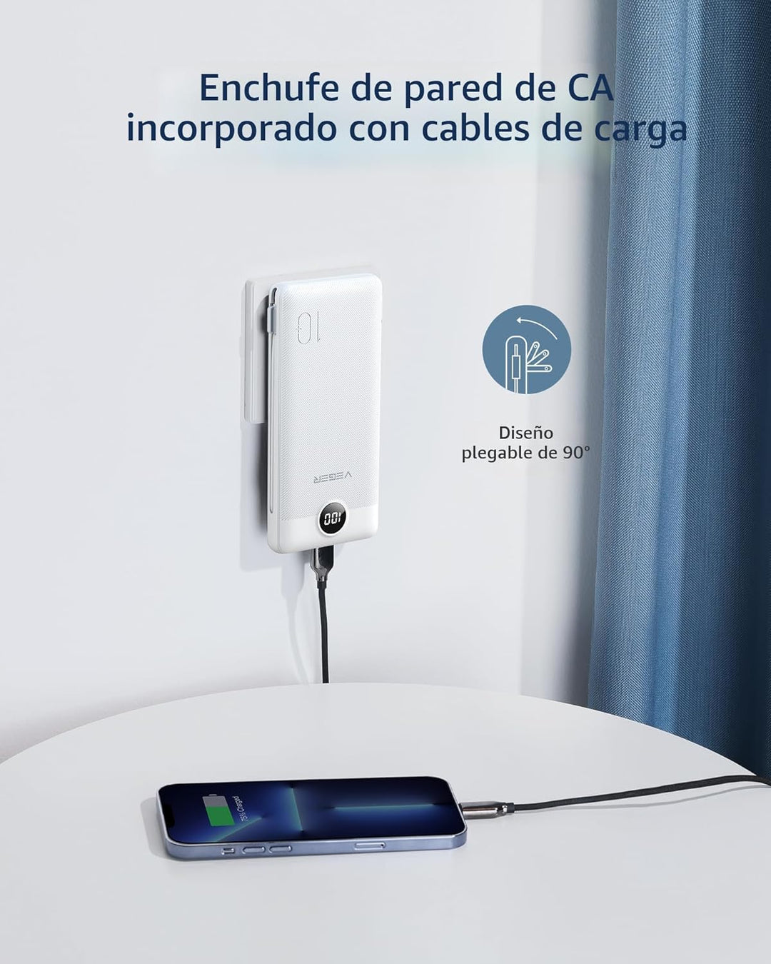 VEGER Cargador portátil para iPhone con cables integrados y enchufe...