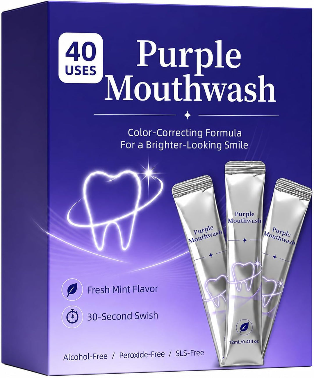 Paquete de 40 sobres blanqueadores de enjuague bucal morado, enjuag...