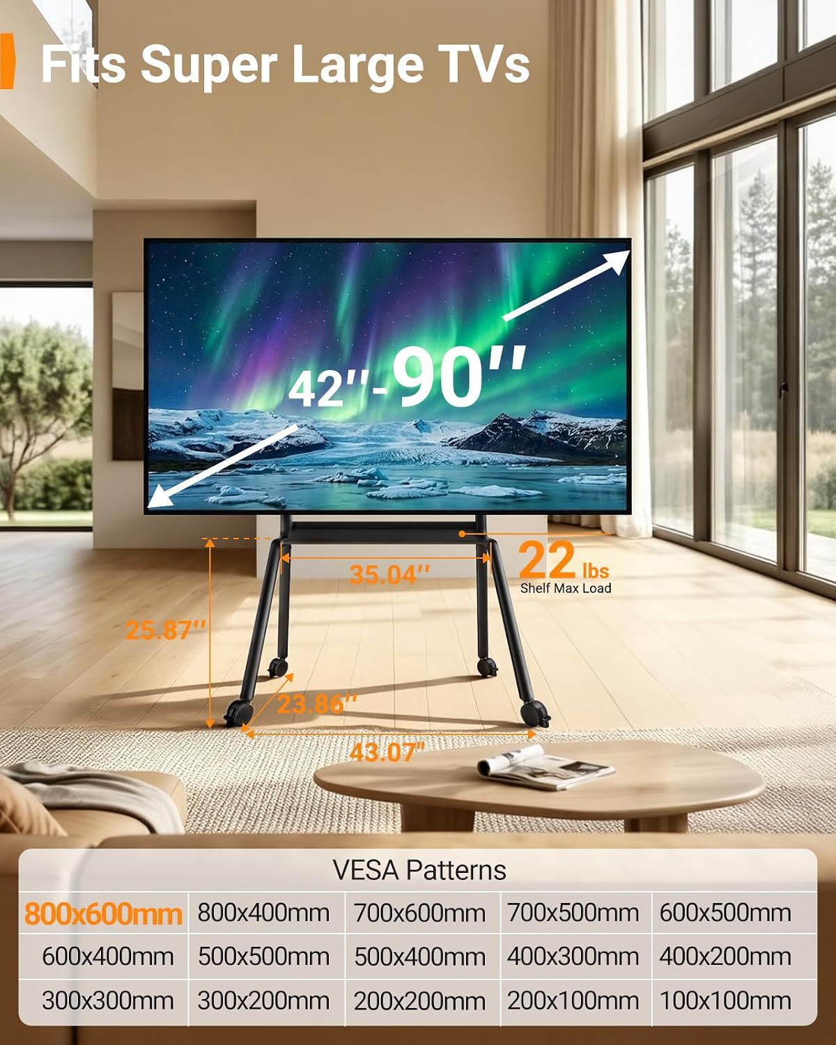 Lámpara Perlegear Soporte de TV rodante para televisores de 42 a 90 pulgadas de hasta 220 libras, soporte de TV resistente de cuatro patas con ruedas bloqueables, carrito de TV móvil de altura ajustable para