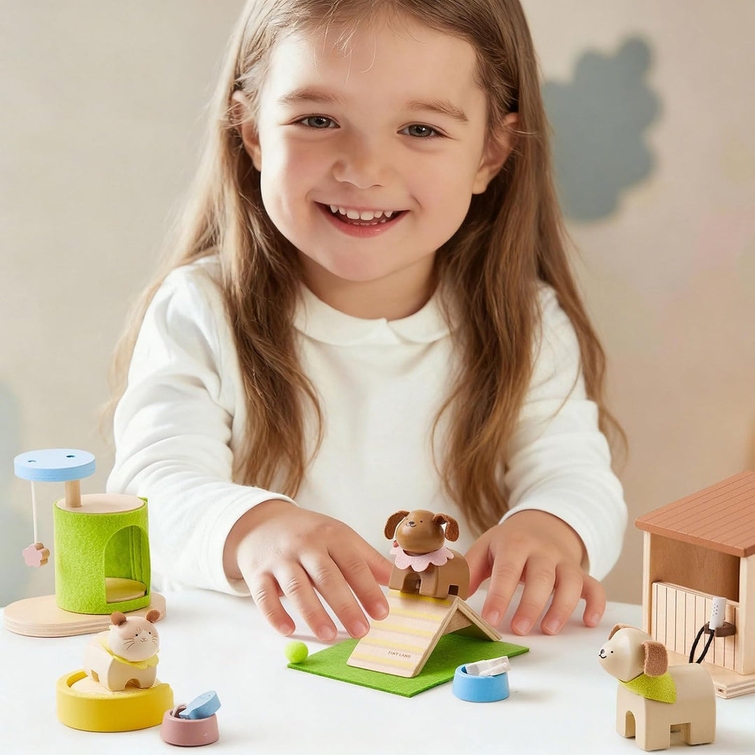 Tiny Land Juego de animales de casa de muñecas de madera para niños...