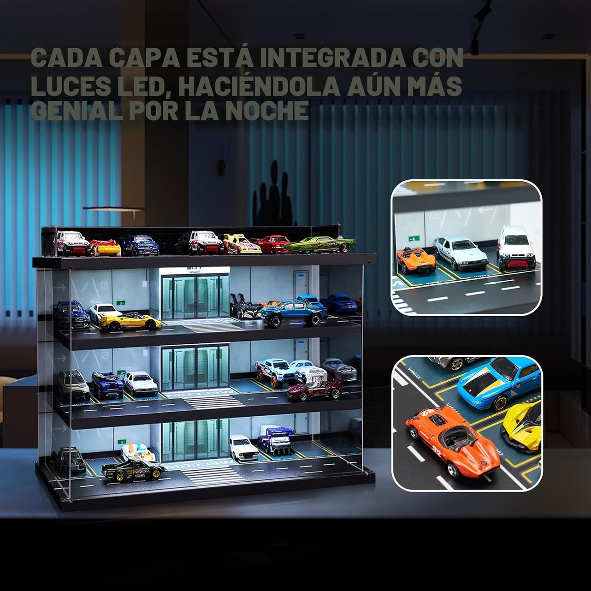 Estuche de exhibición para Hot Wheels Garage y autos Matchbox con luz LED, estuche de almacenamiento para Hot Wheels, diorama de garaje de estacionamiento con 4 niveles, máximo 58 autos a escala 1/64