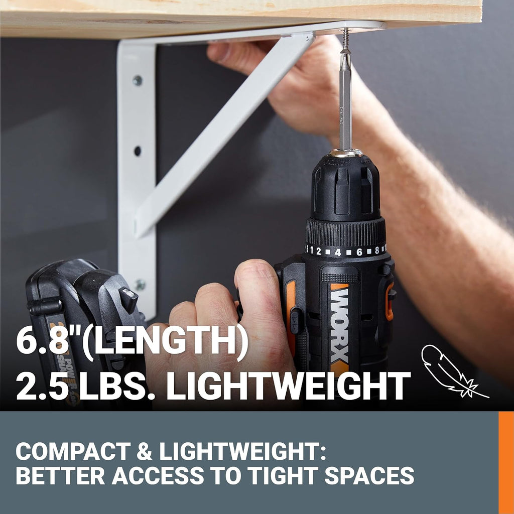 Worx Taladro Atornillador Inalámbrico de 20V, Kit de Accesorios de 84 Piezas, 2 Velocidades Variables, Par de 265 In-Lbs, Embrague 20+1, Ligero, Compacto, Portabrocas sin Llave de 3/8 Pulgadas