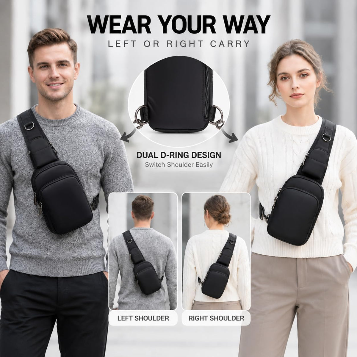 Bolso bandolera antirrobo, bandolera compacta con bloqueo RFID
