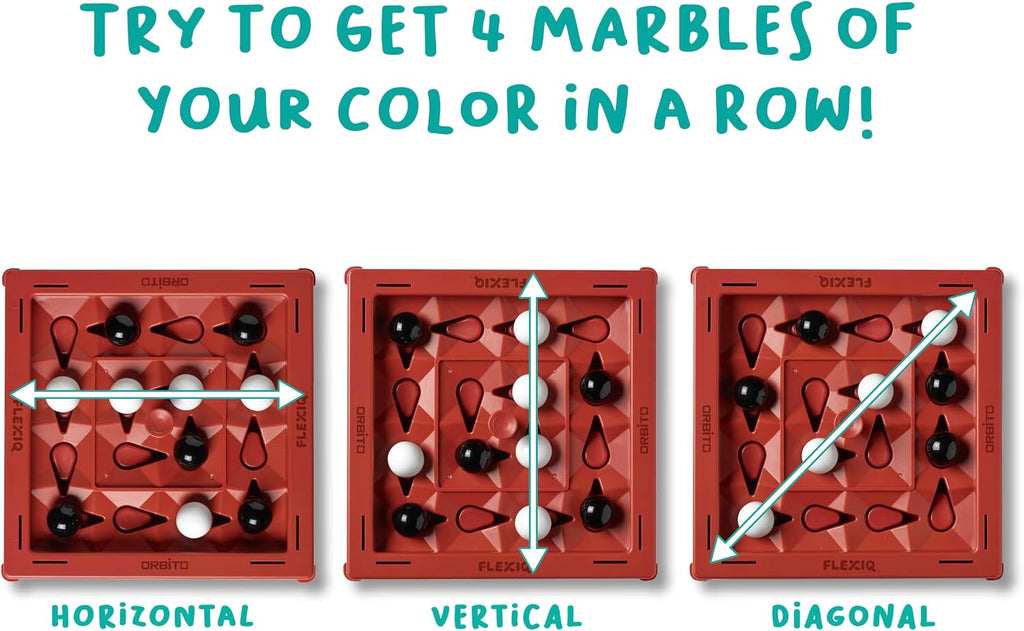 Orbito de Flex IQ, juegos de estrategia para 2 jugadores para reuniones familiares, ideal para juegos infantiles, incluye 1 tablero de juego con botón orbito, 8 canicas blancas y 8 canicas negras