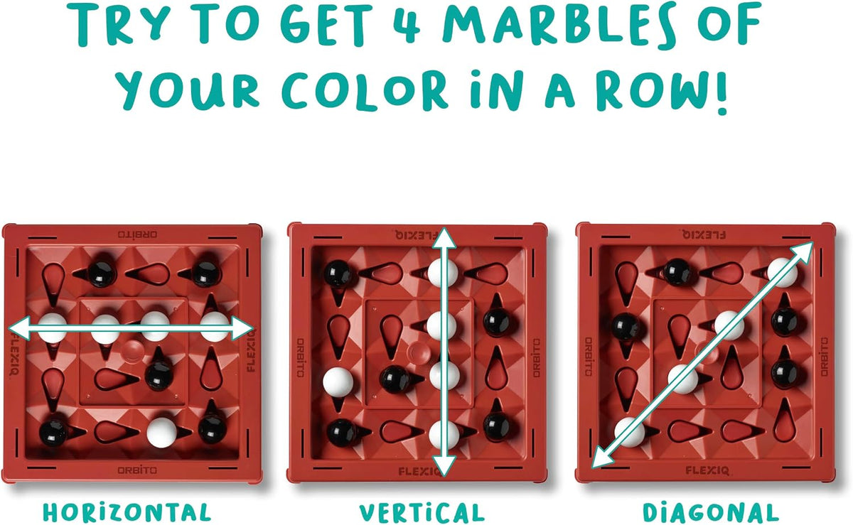 Orbito de Flex IQ, juegos de estrategia para 2 jugadores para reuniones familiares, ideal para juegos infantiles, incluye 1 tablero de juego con botón orbito, 8 canicas blancas y 8 canicas negras