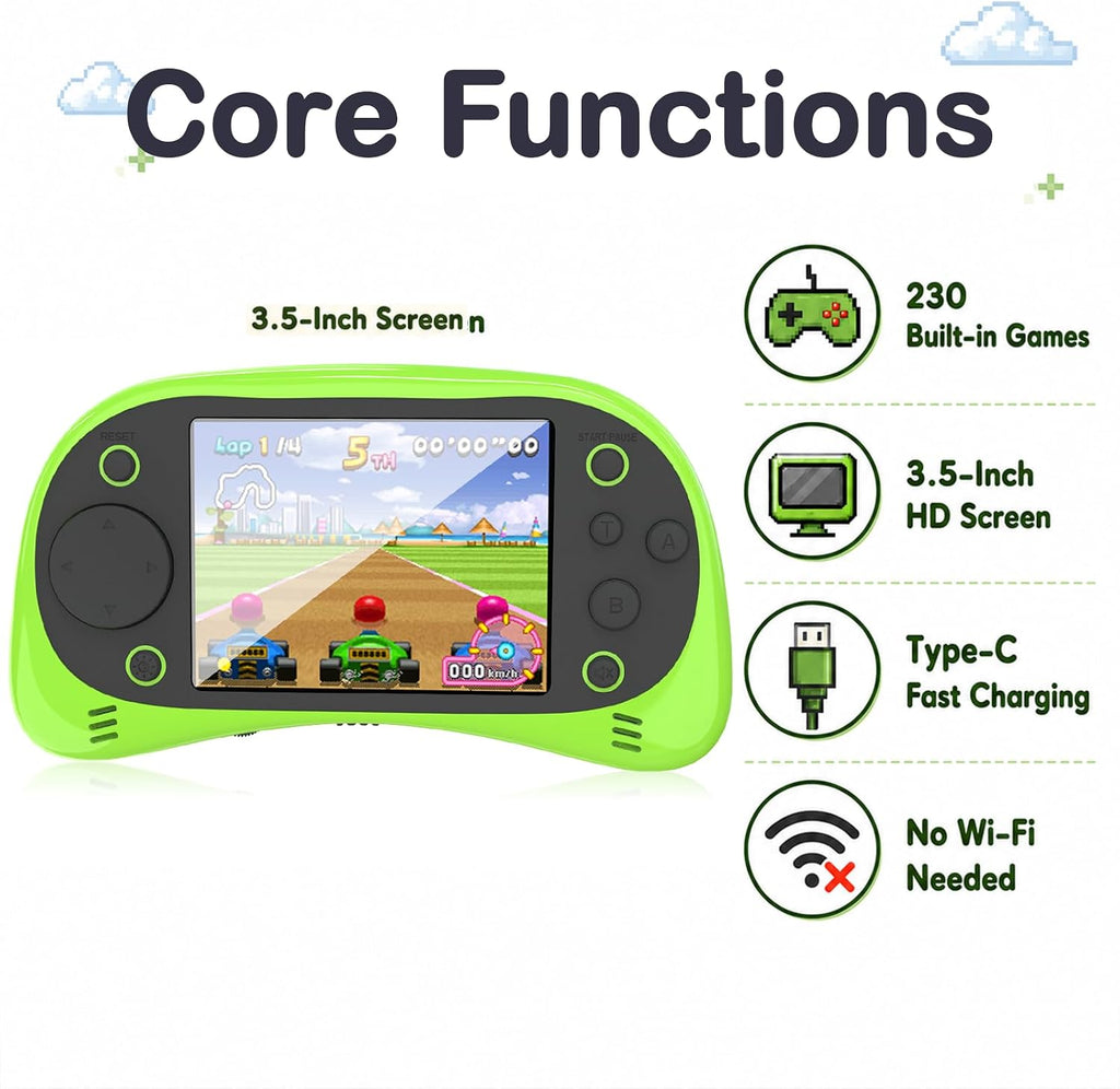 Juego de mano para niños: 230 videojuegos retro precargados, pantalla grande de 3.5 pulgadas y batería recargable USB-C, juguete de arcade portátil de regalo para niños y niñas (verde)