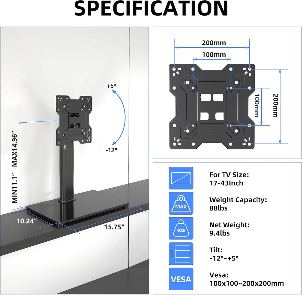 Soporte universal para TV, soporte de mesa para televisores LCD/LED de 17 a 43 pulgadas, soporte de monitor con altura ajustable con base de vidrio templado que soporta hasta 88 libras, VESA