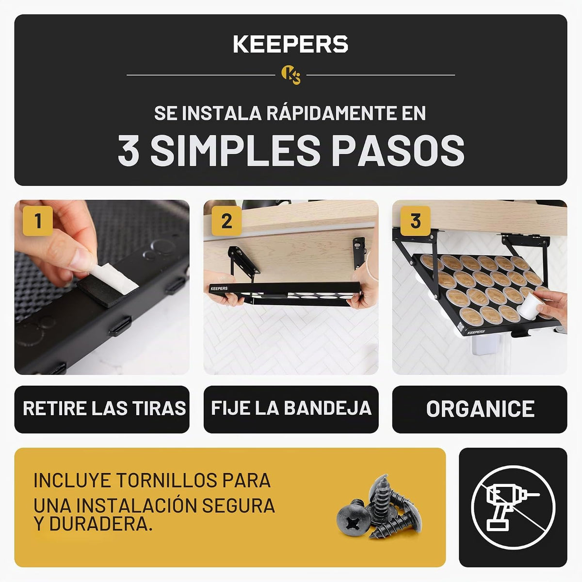 Coffee Keepers, titular para bajo mesada para organizar y conservar cápsulas (608938498274), Abajo, Negro, Paquete de 1