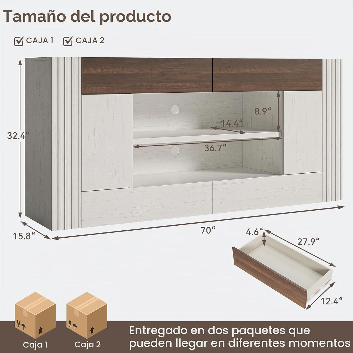 Moderno soporte de TV de 70 pulgadas para televisores de hasta 80 pulgadas, centro de entretenimiento con 2 cajones y 2 armarios laterales, consola multimedia con estantes de almacenamiento