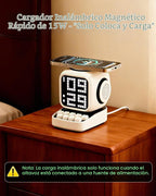 Altavoz Bluetooth 5 en 1 de robot retro: cargador inalámbrico de 15 W, pantalla LED de píxeles, sonido estéreo de 10 W y 15 ruido blanco, reloj despertador, lindo altavoz inalámbrico portátil para