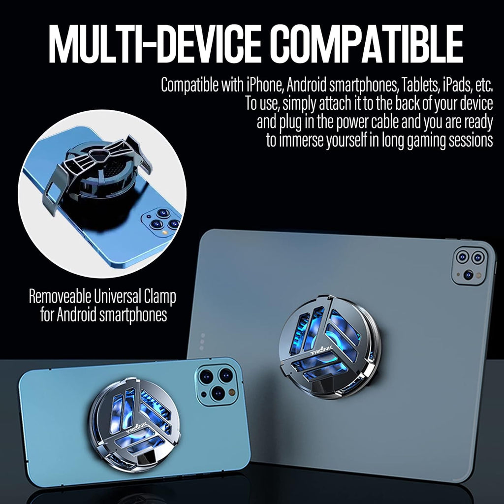 TRILINK Enfriador magnético para teléfono con carga inalámbrica, ventilador de refrigeración de teléfono para iPhone/Android/iPad/Tablet - Radiador de teléfono para juegos, compatible con iPhone 12/13 MagSafe -LED RGB - Abrazadera universal