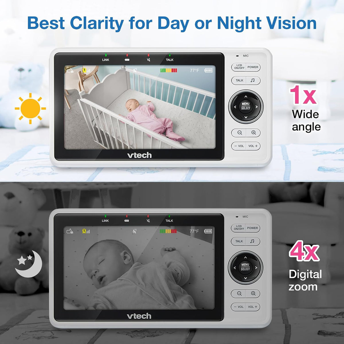 VTech Monitor inteligente WiFi para bebés: mira a tu bebé en casa o desde cualquier lugar, aplicación gratuita, cámara de 1080p, pantalla de 5 pulgadas, zoom panorámico, visión nocturna