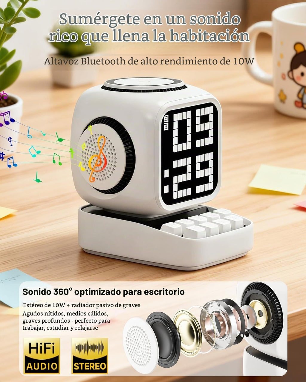 Altavoz Bluetooth 5 en 1 de robot retro: cargador inalámbrico de 15 W, pantalla LED de píxeles, sonido estéreo de 10 W y 15 ruido blanco, reloj despertador, lindo altavoz inalámbrico portátil para