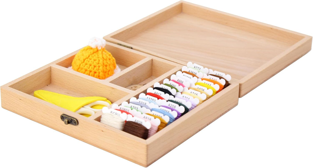 Caja de coser Montessori Practical Life Caja de coser de madera con hilo de bordar, estuche de tijeras, cojín de alfiler, kit educativo de manualidades para niños de 5 años en adelante