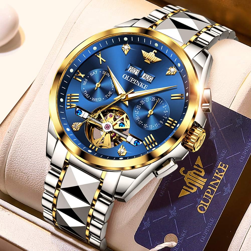 OLEVS Reloj mecánico de lujo clásico de moda para hombre, relojes impermeables de acero inoxidable de cuerda automática para hombre, esfera grande, con fecha de diamante, sin batería, reloj para