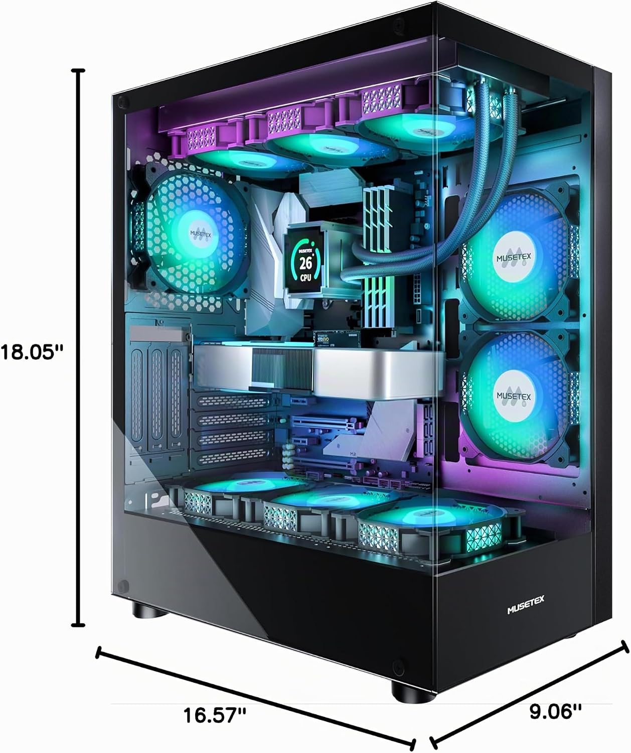 MUSETEX Chasis para PC ATX 6 Ventiladores PWM ARGB Preinstalados, C...