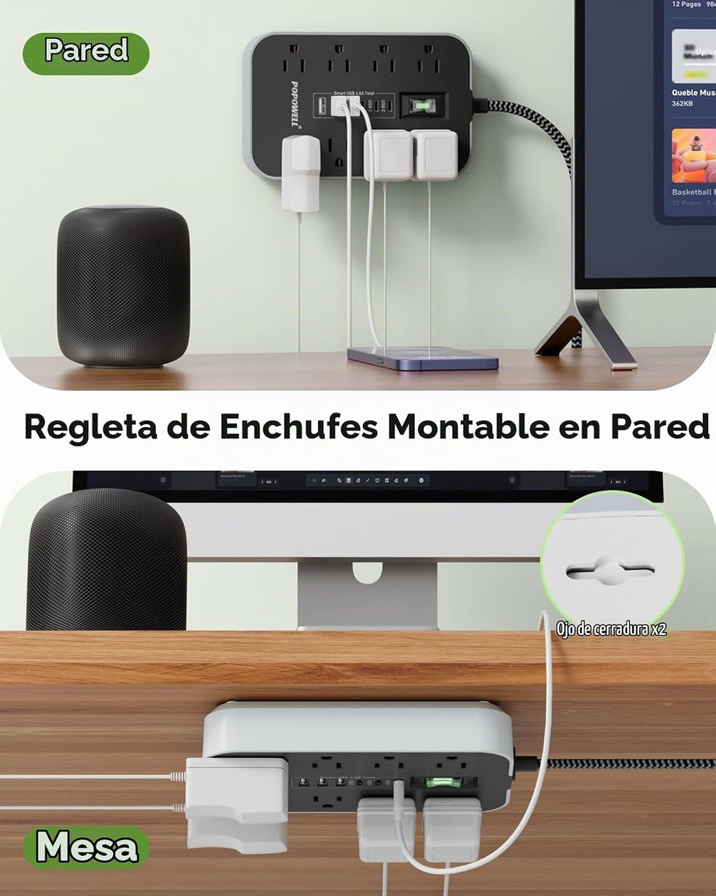 Protector de sobretensiones de regleta de alimentación: cable de extensión de enchufe plano de 5 pies, 8 salidas de CA y 6 puertos USB (3 USB C), protección contra sobretensiones 1080 J, estación de