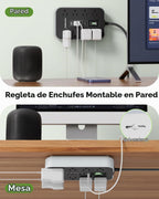 Protector de sobretensiones de regleta de alimentación: cable de extensión de enchufe plano de 5 pies, 8 salidas de CA y 6 puertos USB (3 USB C), protección contra sobretensiones 1080 J, estación de