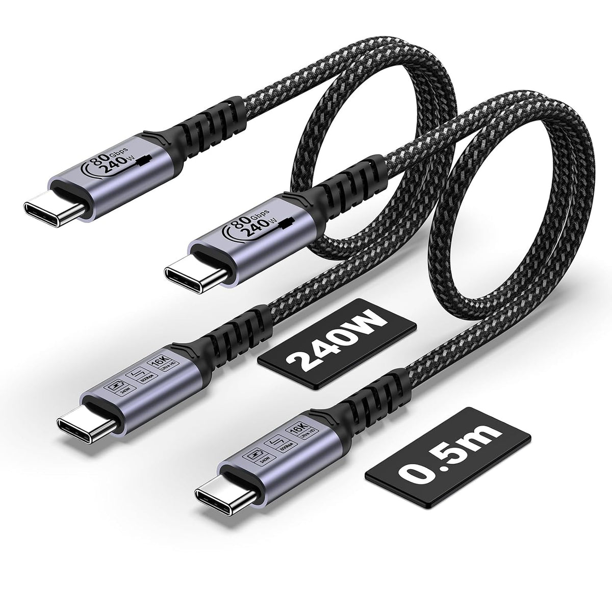 USB C Cable 80Gbps 1.5ft 2 Packs, Short USB 4 Cable 240W, 16K Monitor