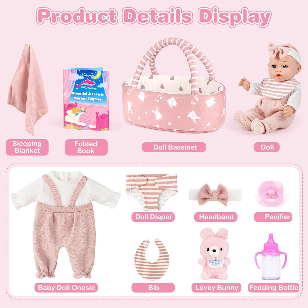 Dreamon Juego de Muñeca Bebé de 12 pulgadas con Cuna Moisés Portátil, Rosa
