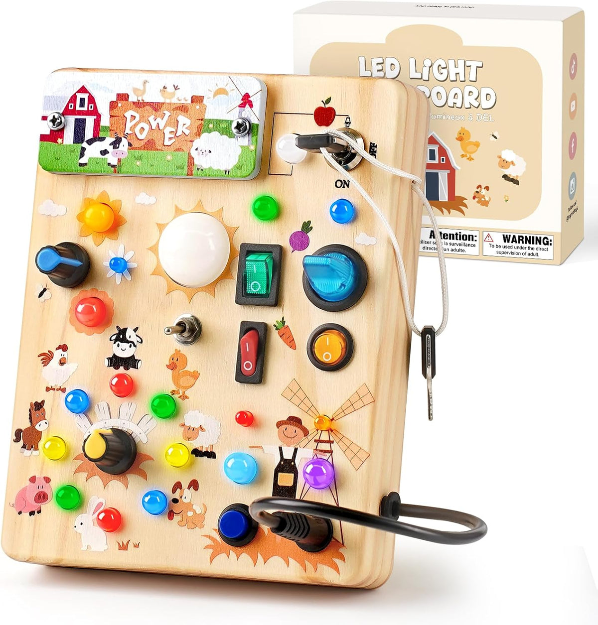 Sanlebi Tablero LED ocupado para niños pequeños de 1 a 3 años, juguete Montessori con interruptor de llave, tablero sensorial de actividad de madera iluminado para habilidades motoras finas, juguete educativo de viaje, regalo para niños y niñas de 1, 2, 3