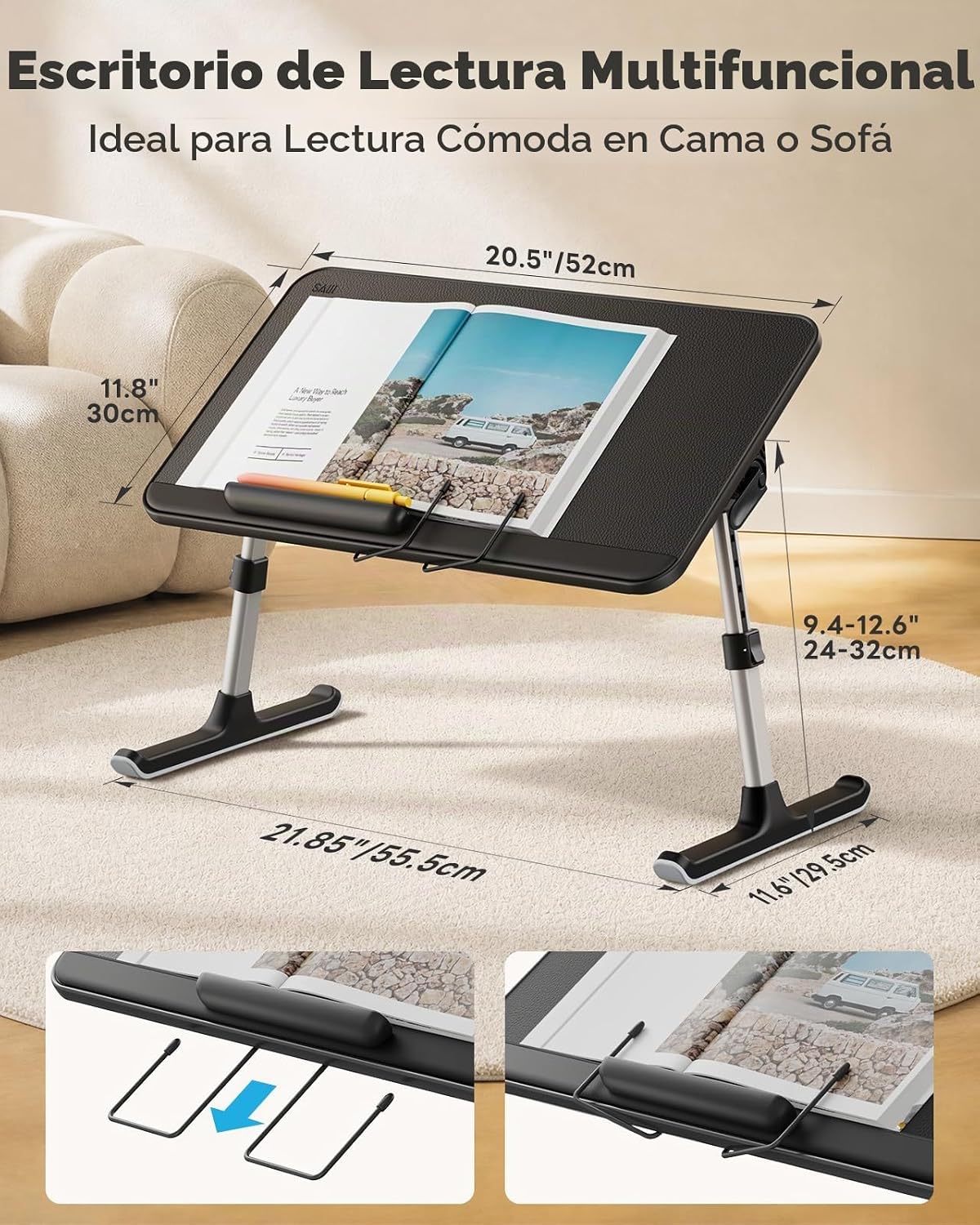 SAIJI Soporte de libro para leer manos libres con clips de papel en la cama