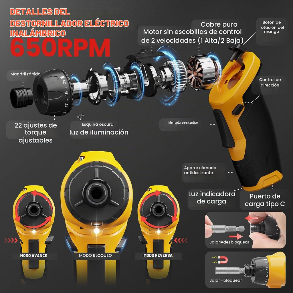 UNIWA - Destornillador eléctrico inalámbrico recargable, taladro eléctrico de 650 RPM, color amarillo
