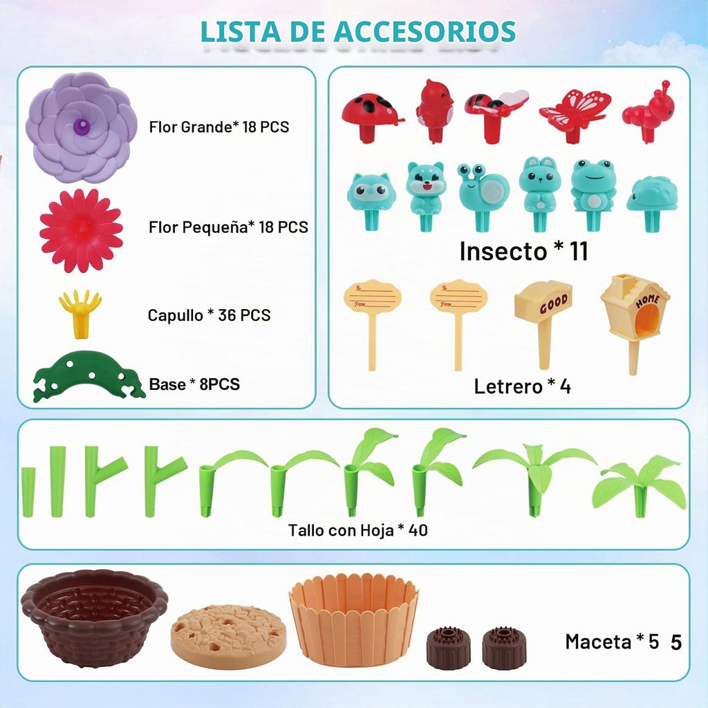 Juguete de construcción de jardín de flores para niñas, regalos de cumpleaños para niños preescolares de 3 a 5 a 7 años, juego educativo STEM con 140 piezas, kit de jardinería apilable para