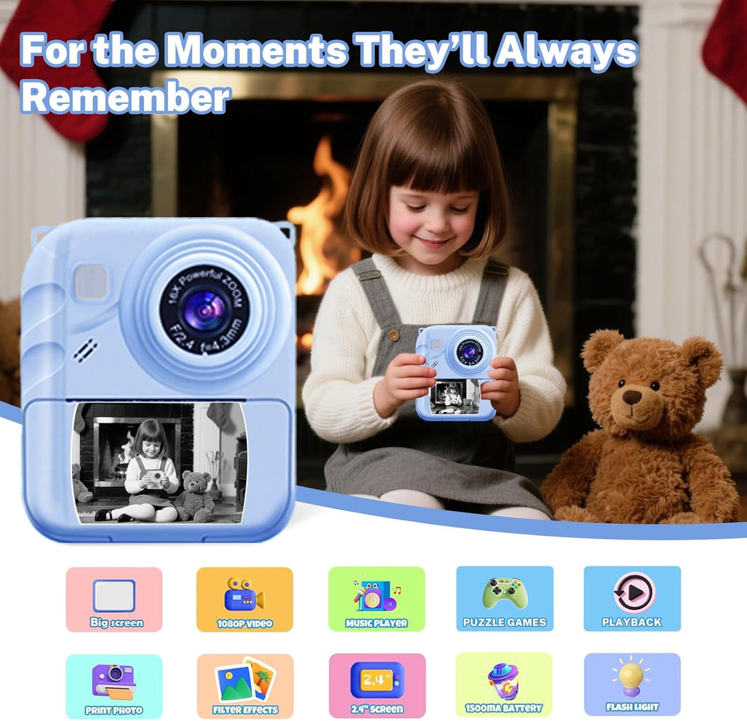 Cámara de impresión instantánea para niños, cámara de video 1080P c...