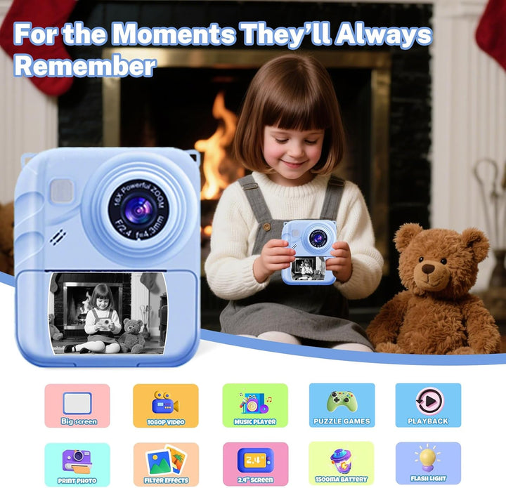 Cámara de impresión instantánea para niños, cámara de video 1080P c...
