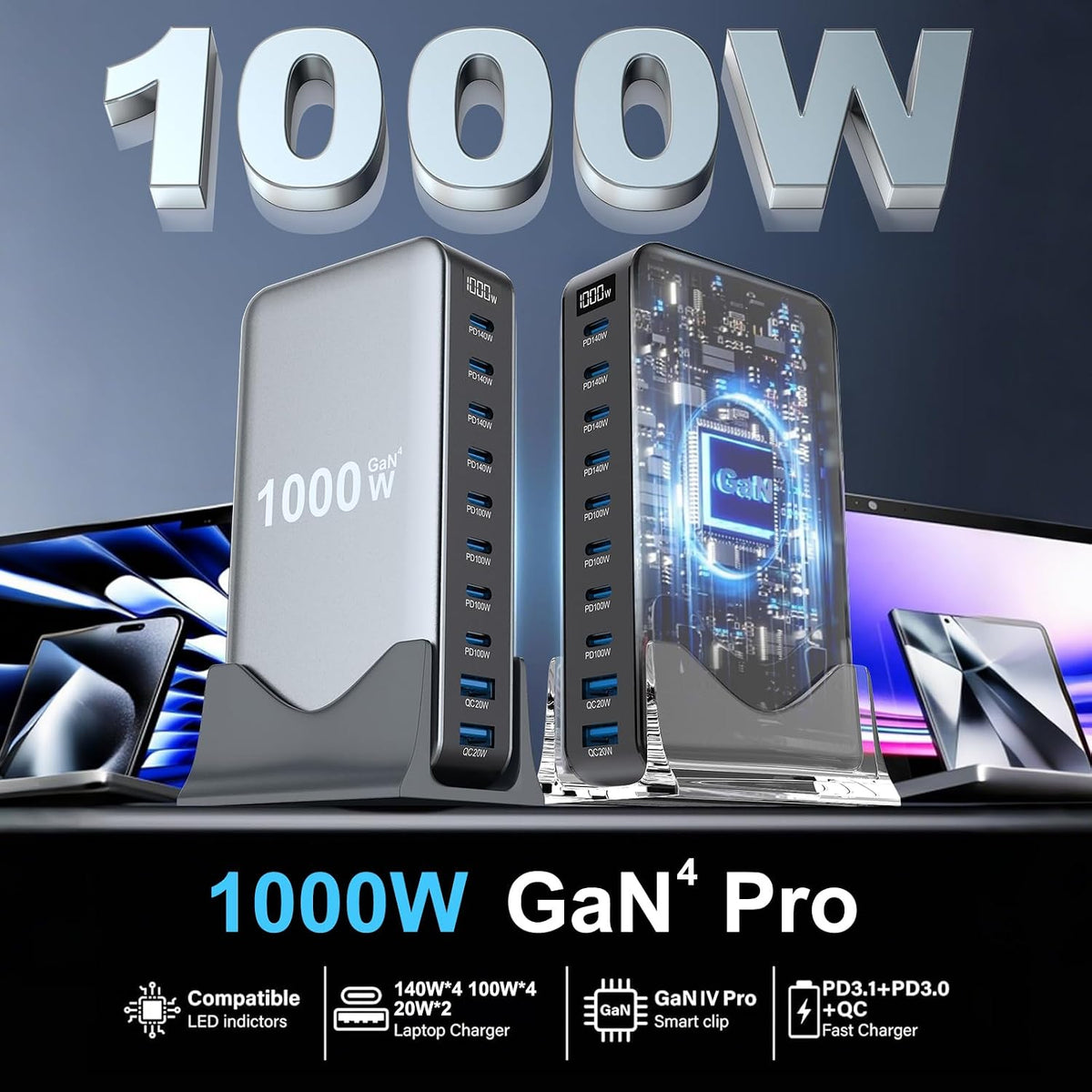 Bloque de carga rápida USB C de 1000 W, estación de carga USB de 10 puertos, puerto GaN Pro 140W PD PPS para múltiples dispositivos, cargador de pared para portátil compatible con DELL, HP, MacBook Pro, iPhone17/16 Pro, Galaxy S24.