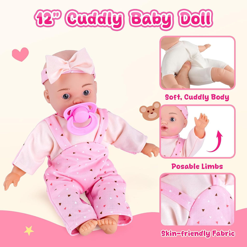 AuntyFey - Juego de muñecas de bebé de 12 pulgadas, moisés para muñeca con