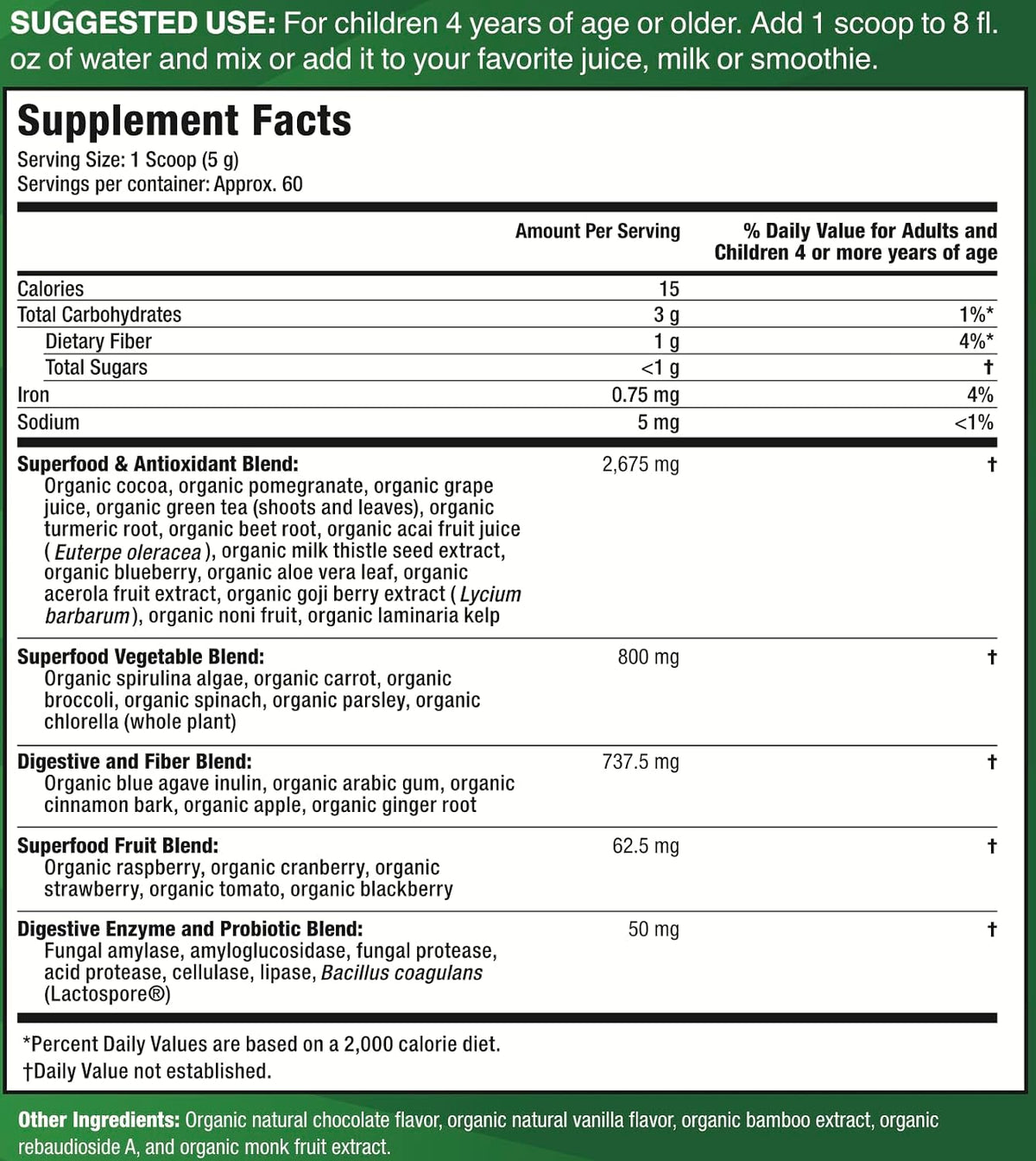 Feel Great USDA Organic Super Greens para niños | Polvo de verduras