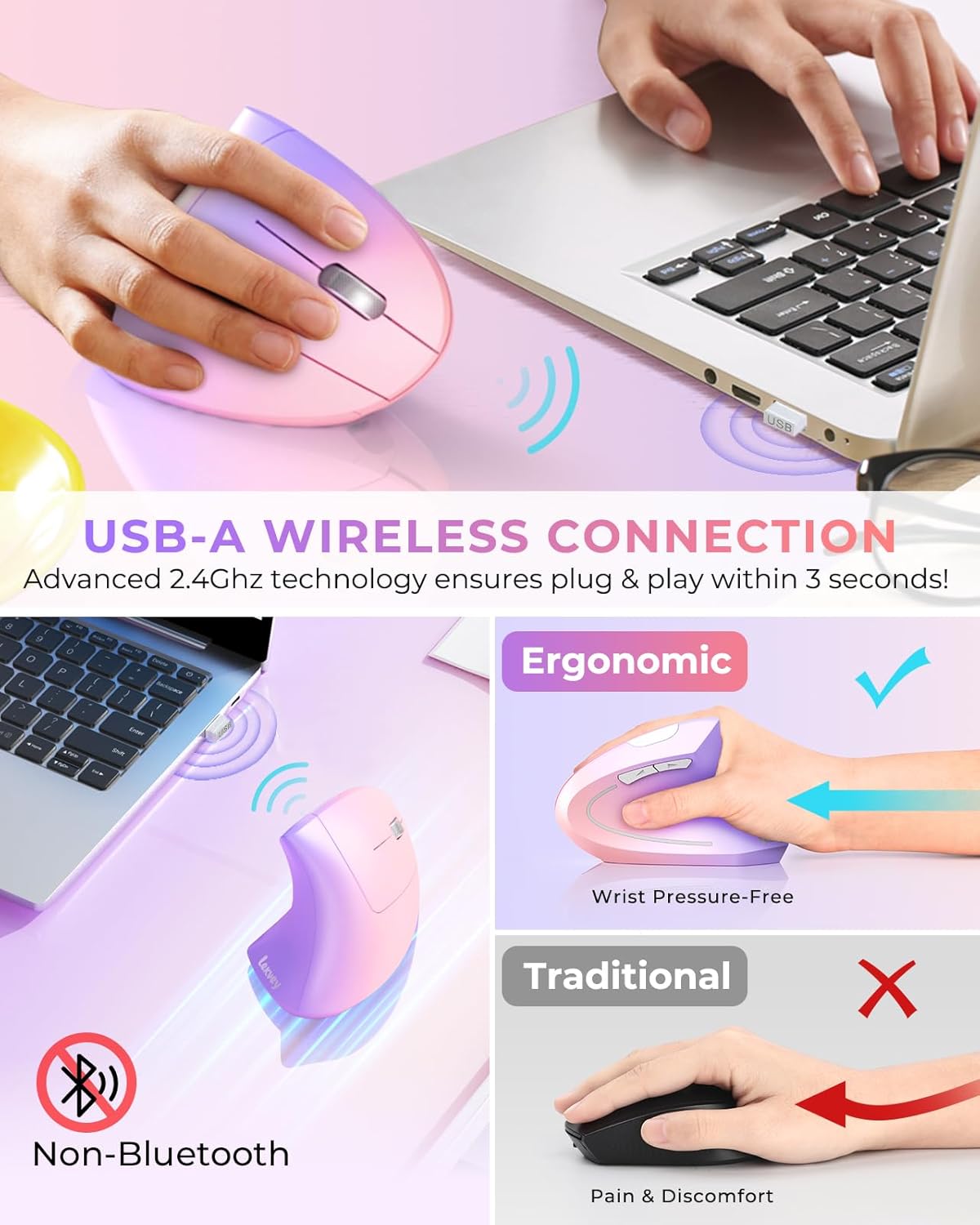 Lekvey Ratón ergonómico, ratón inalámbrico vertical recargable 2.4...