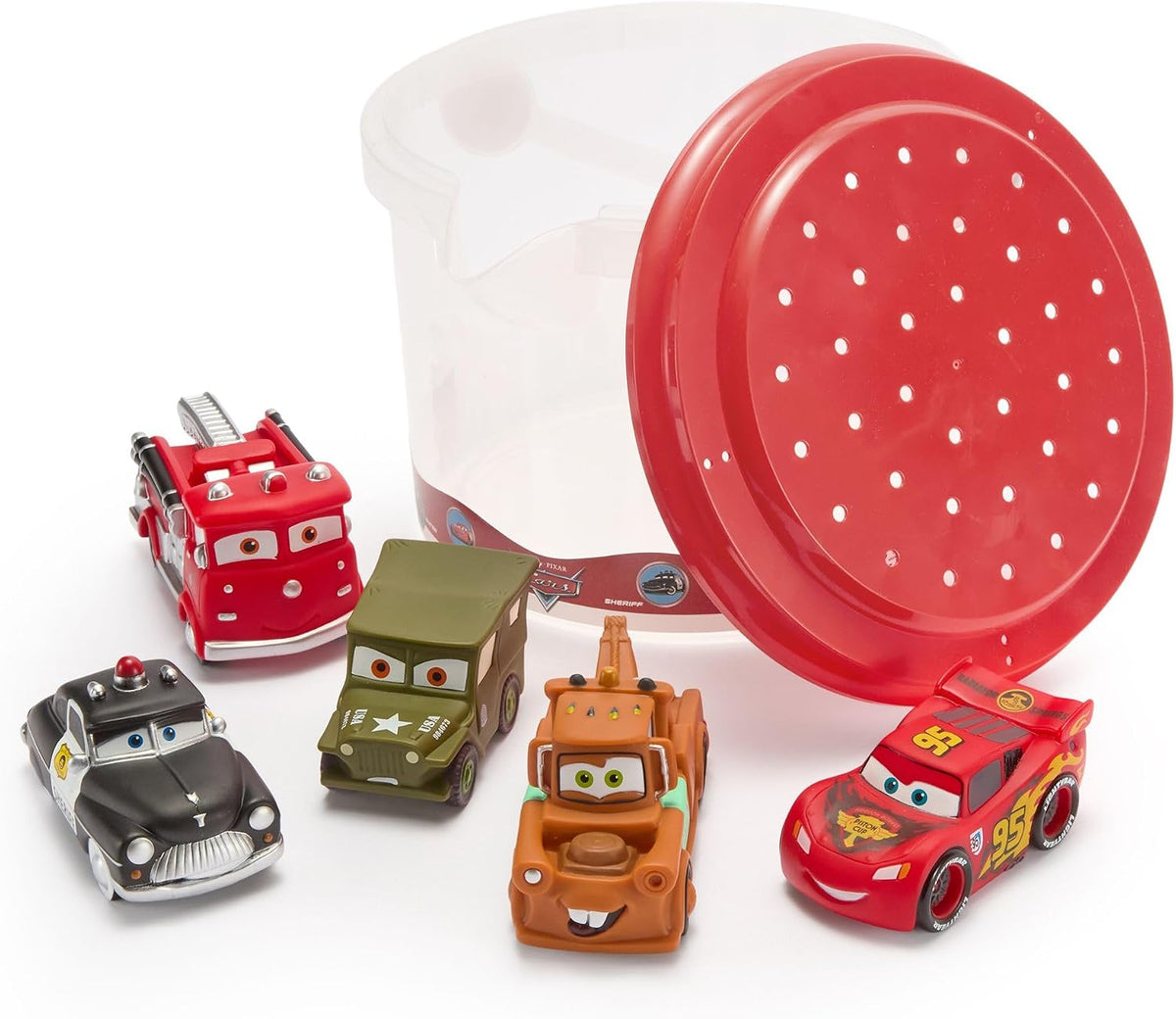 Disney Store Juego de juguetes de baño oficiales de Pixar Cars, incluye 5 juguetes detallados con un cubo de almacenamiento colante, diversión para el baño y juego acuático para niños