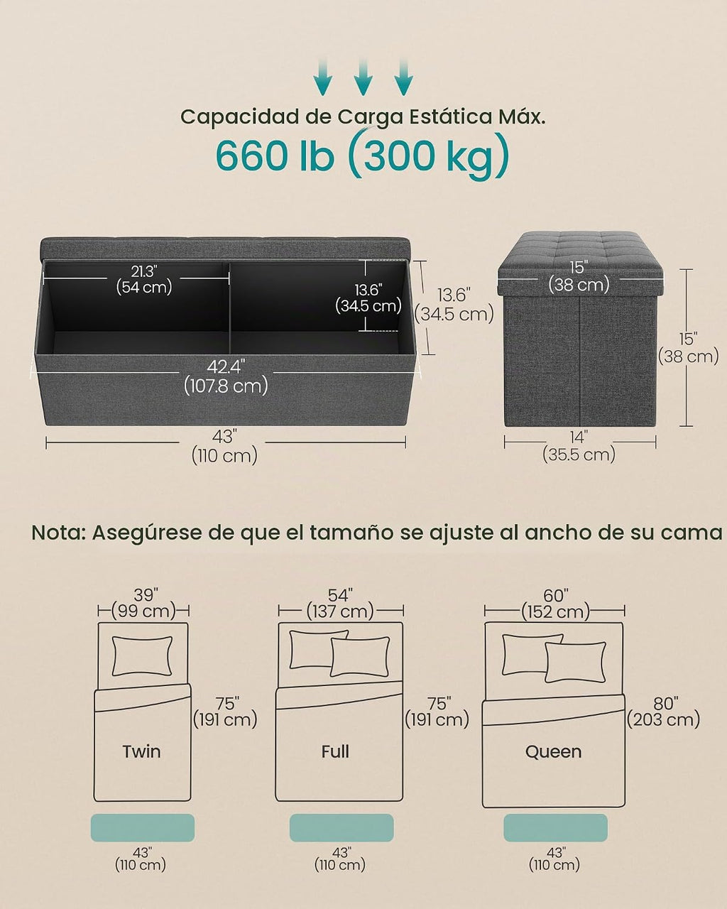 SONGMICS Colección MAZIE - Banco otomano plegable de almacenamiento de 43 pulgadas, reposapiés otomano, banco para el final de la cama, pecho de almacenamiento, carga 299 kg, para sala de estar