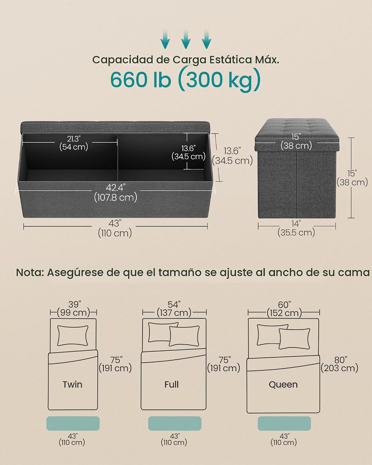 SONGMICS Colección MAZIE - Banco otomano plegable de almacenamiento de 43 pulgadas, reposapiés otomano, banco para el final de la cama, pecho de almacenamiento, carga 299 kg, para sala de estar