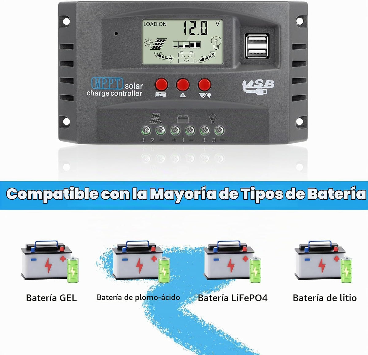 Controlador de carga de panel solar MPPT de 100 A, controlador de cargador de batería solar automático de 12 V/24 V con pantalla LCD, puerto USB dual y temporizador de ajuste de horas de
