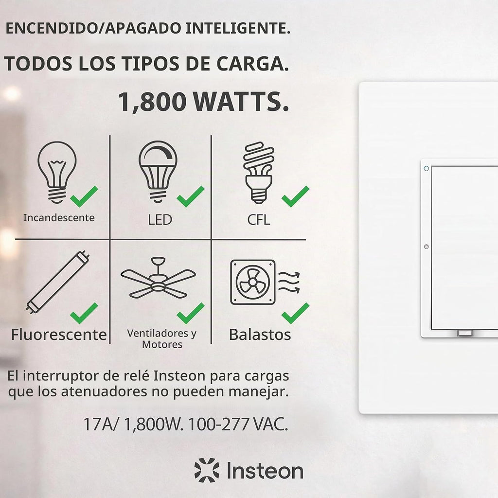 Insteon Interruptor de pared inteligente de encendido/apagado, luces, ventiladores y motores de hasta 1HP - 2477S