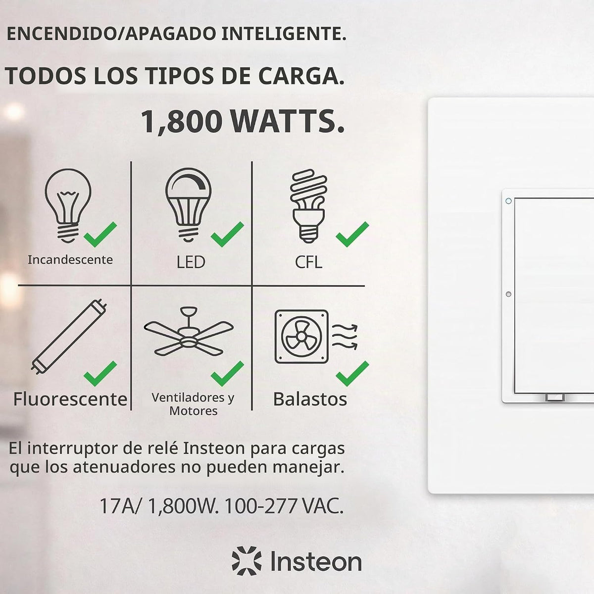 Insteon Interruptor de pared inteligente de encendido/apagado, luces, ventiladores y motores de hasta 1HP - 2477S