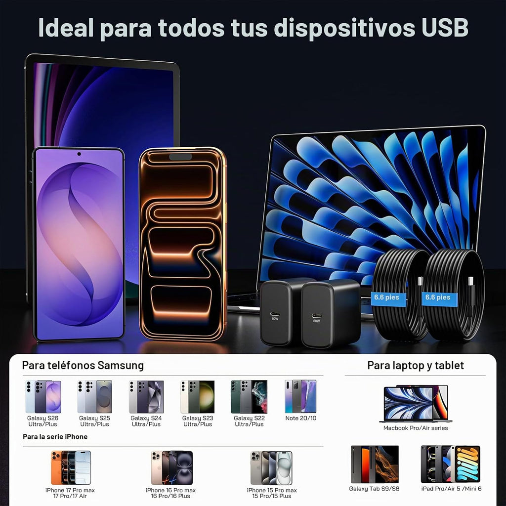 Cargador USB C de 60 W, cargador súper rápido de 60 vatios tipo C con 2
