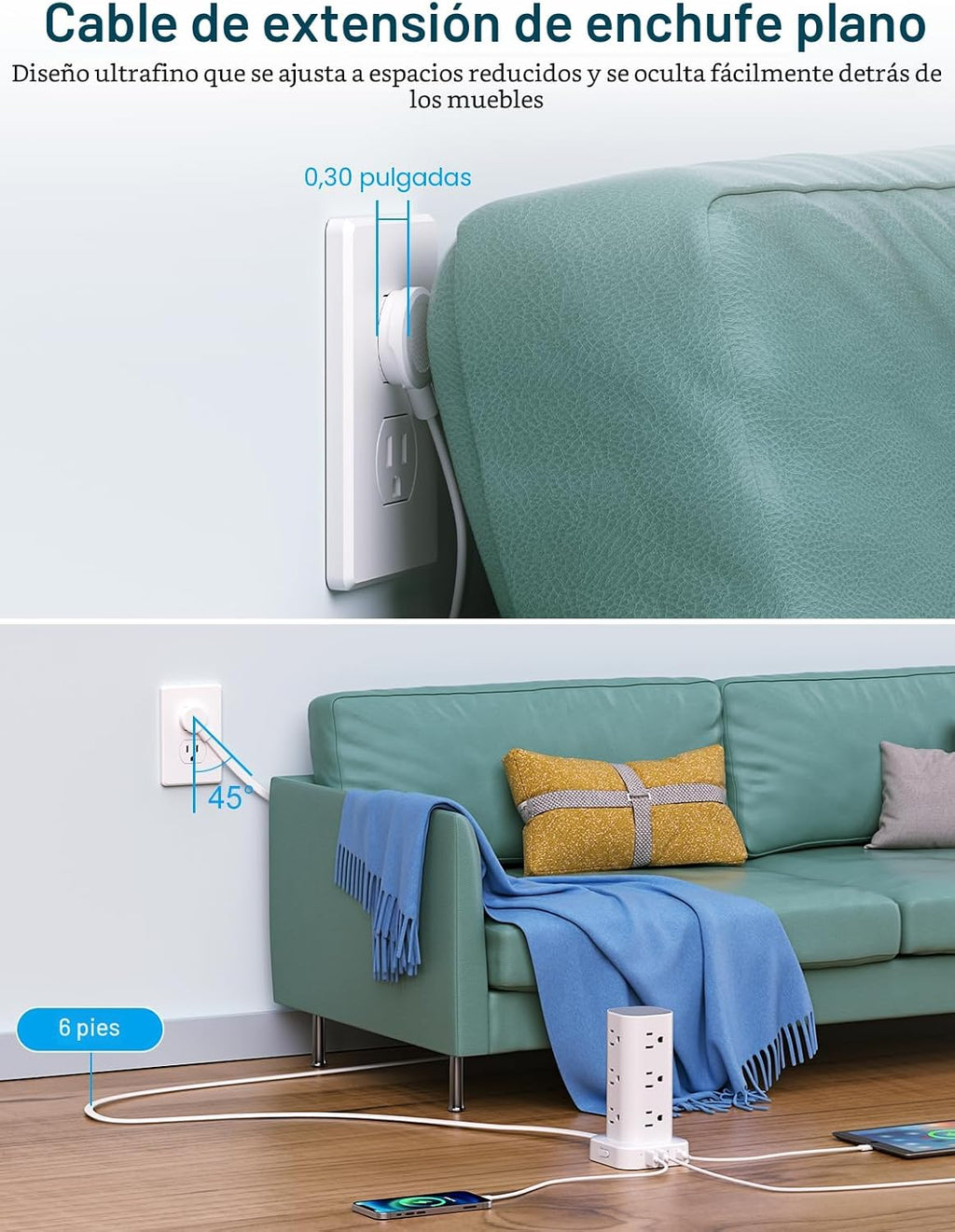 Torre de tira de alimentación con múltiples tomas, protector de sobretensión de enchufe plano, cable de extensión con 12 salidas de CA, 4 puertos USB (2 USB C), cable de 6 pies, protector contra