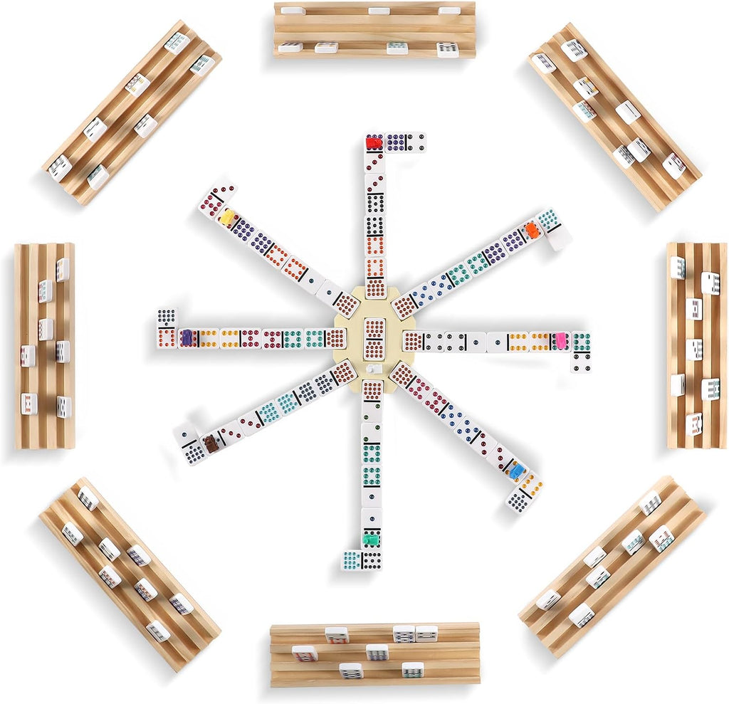 Juego de dominó de tren mexicano con 8 bandejas/estantes de madera, juego de dominó doble 15 para viajes con 8 porta fichas, juego de dominó de 136 fichas doble 15 de colores con estuche con