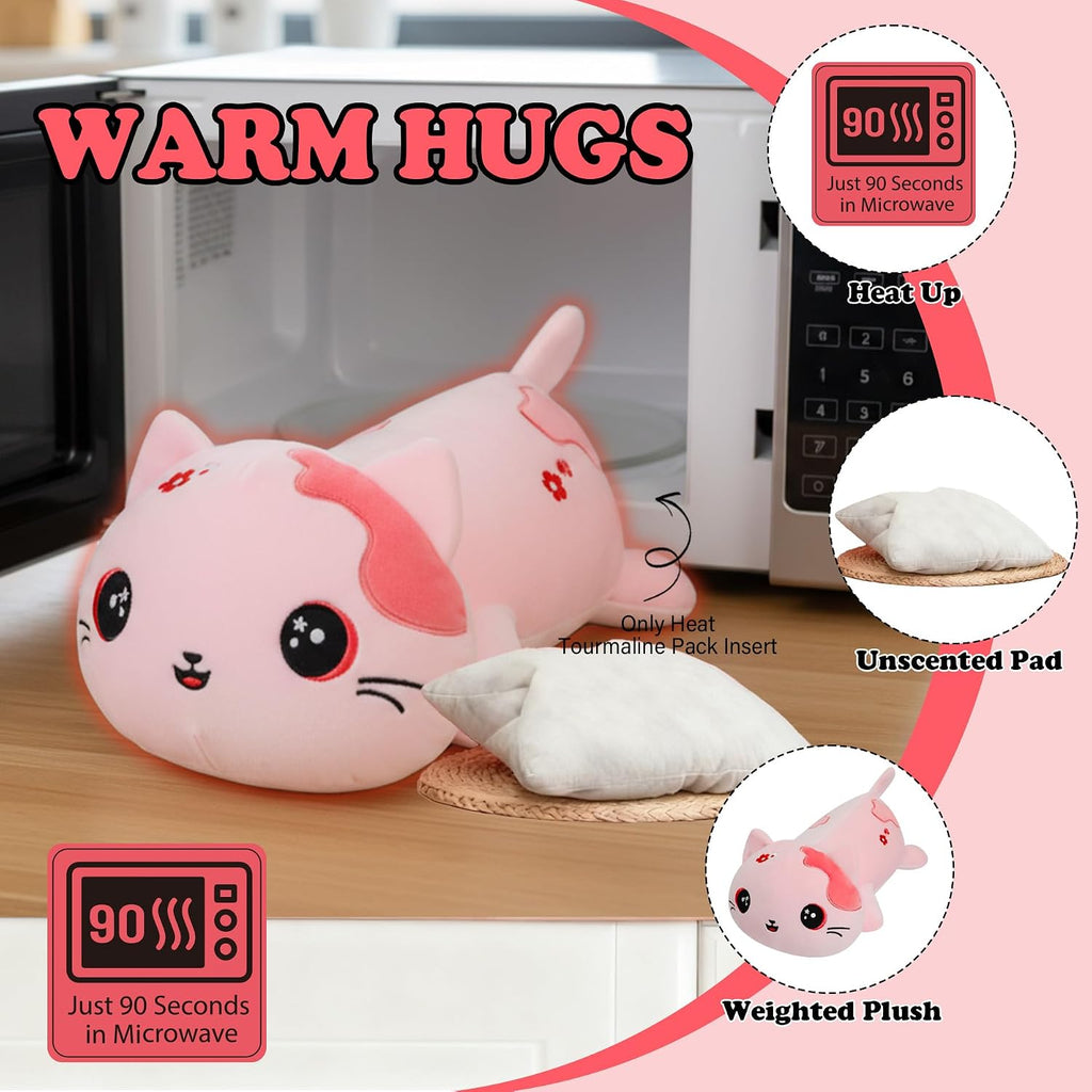 Peluche de gato con peso para microondas, 2.2 libras, peluche de gato rosa grande, lavable a máquina, sin perfume, bonita almohadilla térmica de animal, juguete de peluche cálido para adultos y niños, bordado de flores rosas, 15 pulgadas