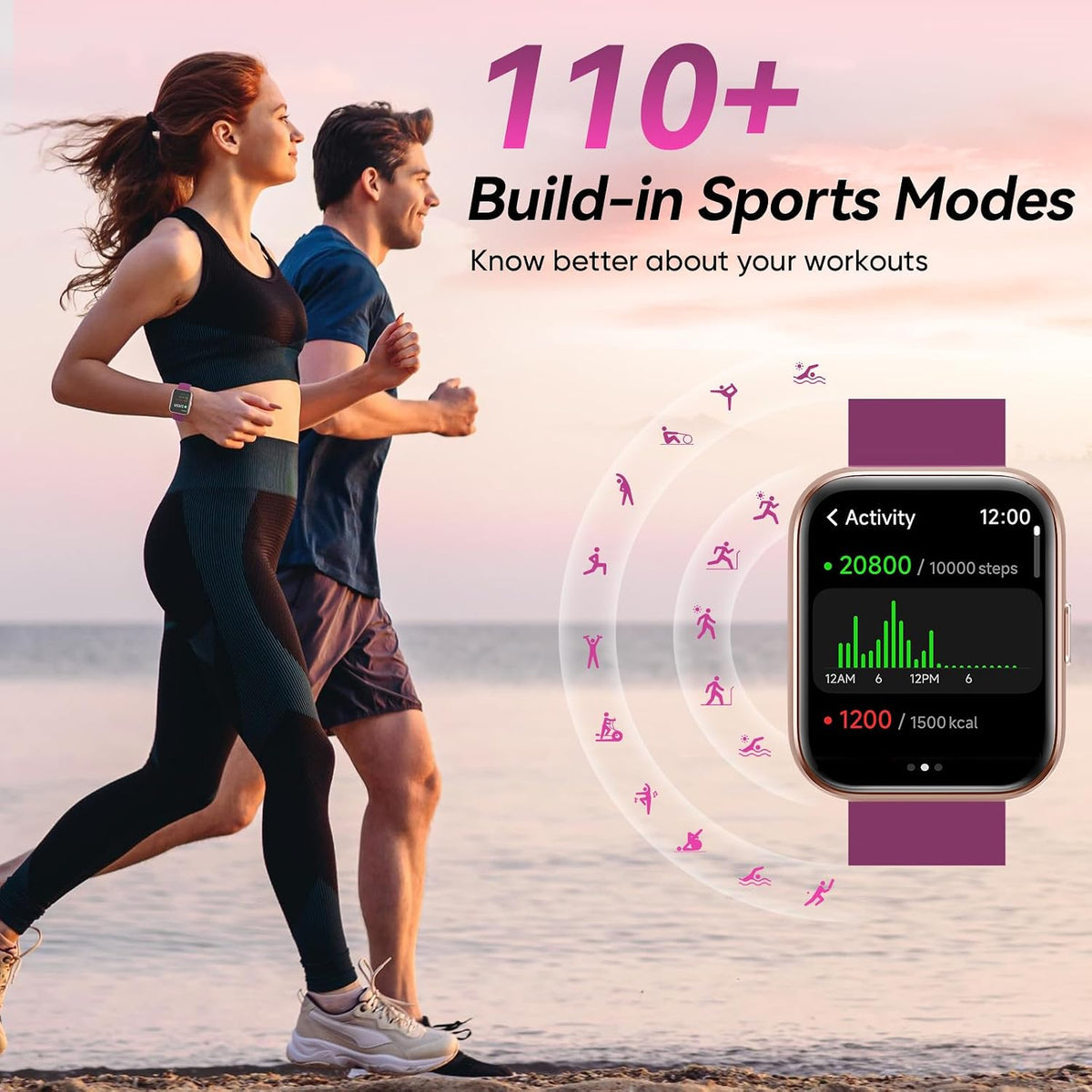 Fitpolo Relojes inteligentes para hombres/mujeres, 1.8 pulgadas Alexa incorporado reloj de seguimiento de fitness con llamadas Bluetooth, IP68 impermeable, frecuencia cardíaca, sueño, spO2/estrés, 110 modos deportivos para Android y iPhone