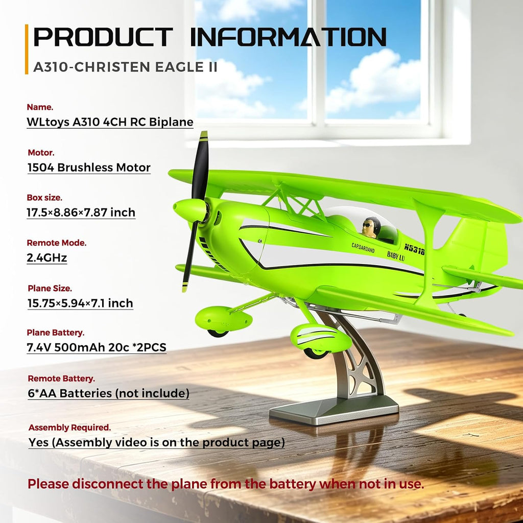 CKYSCHN WLtoys A310 Avión RC Brushless, Christen Eagle II Biplano RC 4CH
