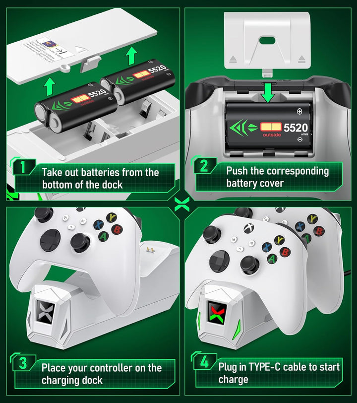 Controller Charger Station with 2x5520mWh Rechargeable Battery Pack...