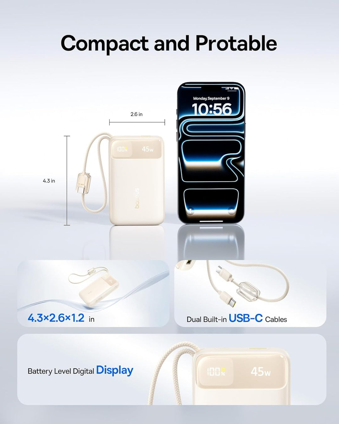Baseus Cargador portátil compacto de 20000 mAh de 45 W, banco de en...