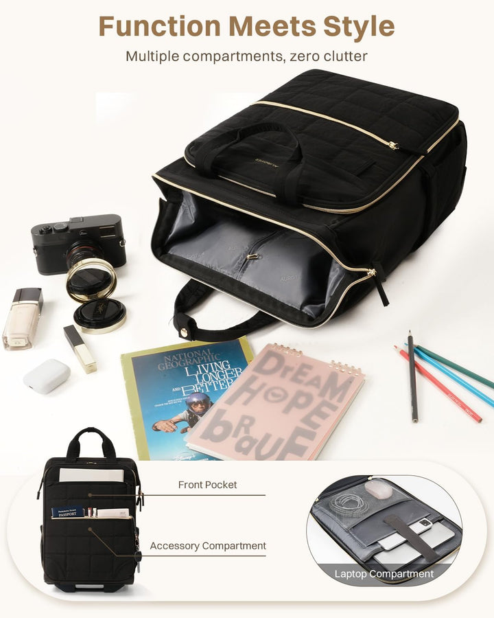 AUROTIER Mochila con ruedas tipo puffer para mujeres, mochila con r...