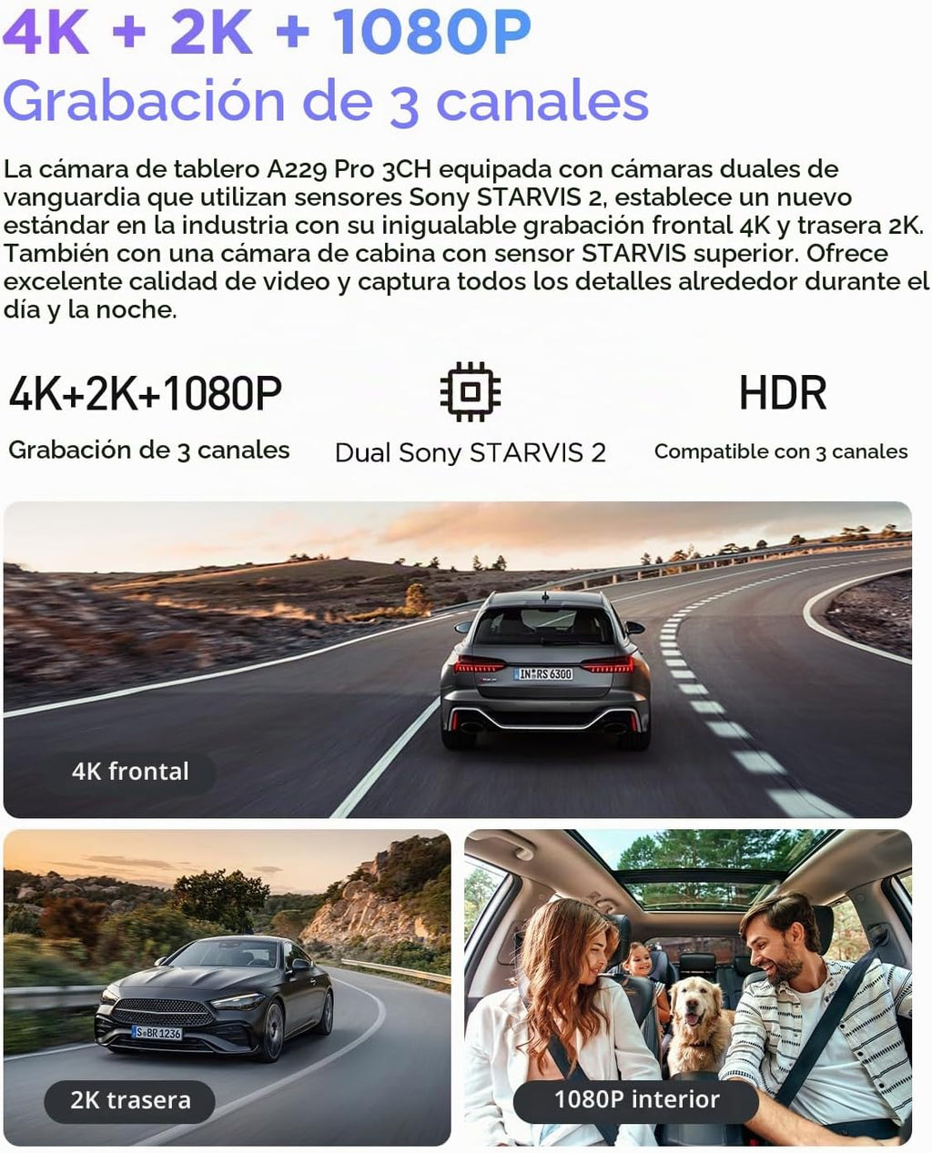 VIOFO A229 Pro 4K 3CH Dash Cam HDR para parte delantera y trasera e